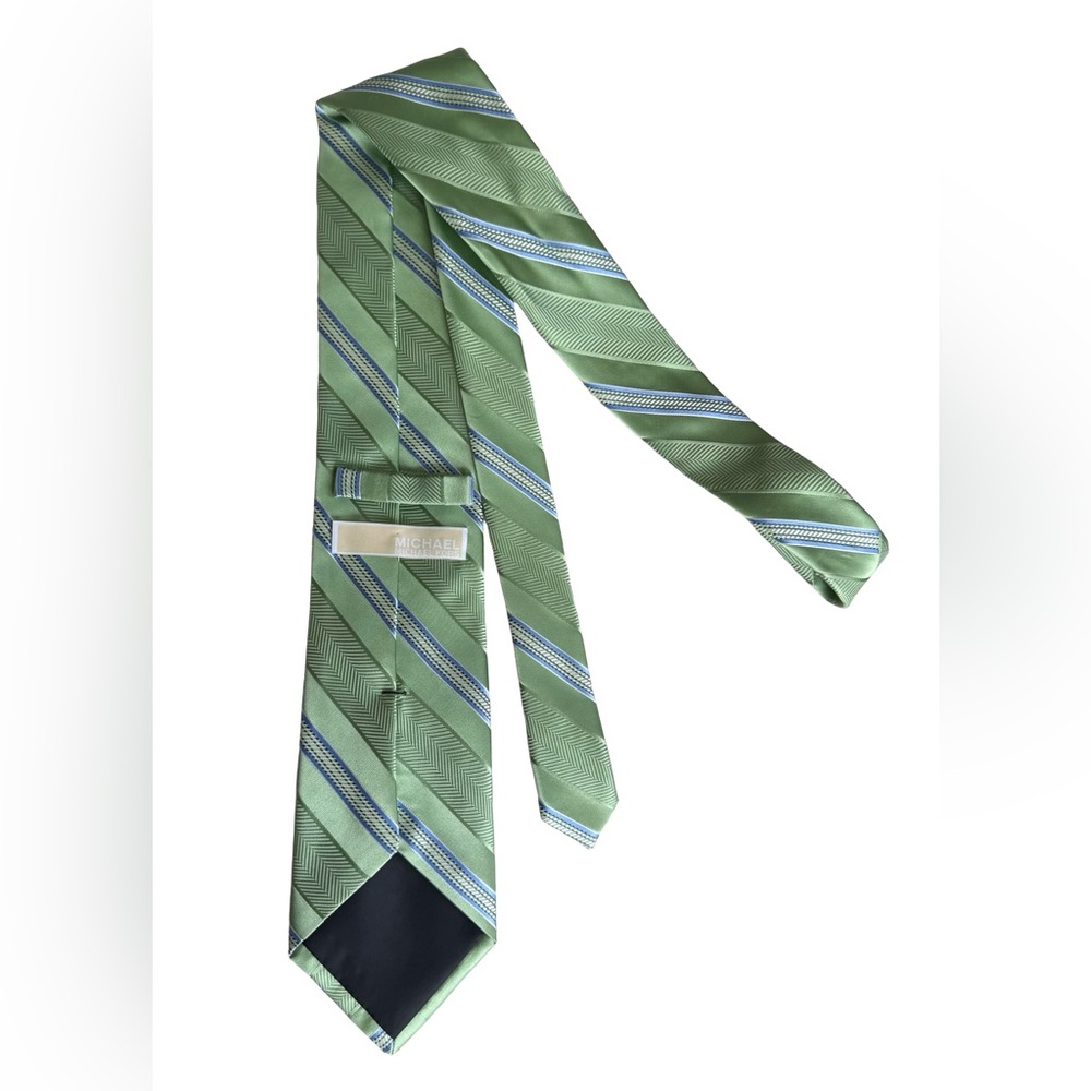 Michael Kors 100% silk men’s necktie in green and blue/white/black stripes - Picture 2 of 4